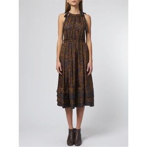 NEW ULLA JOHNSON Mika Dress in Hemlock Midi Size 8 Patterned Shoulder Tie Dress‎
